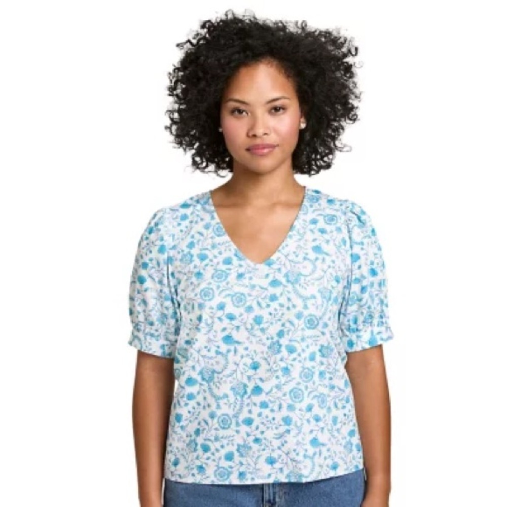 Draper James Floral Blue Puffed Sleeve Top XL